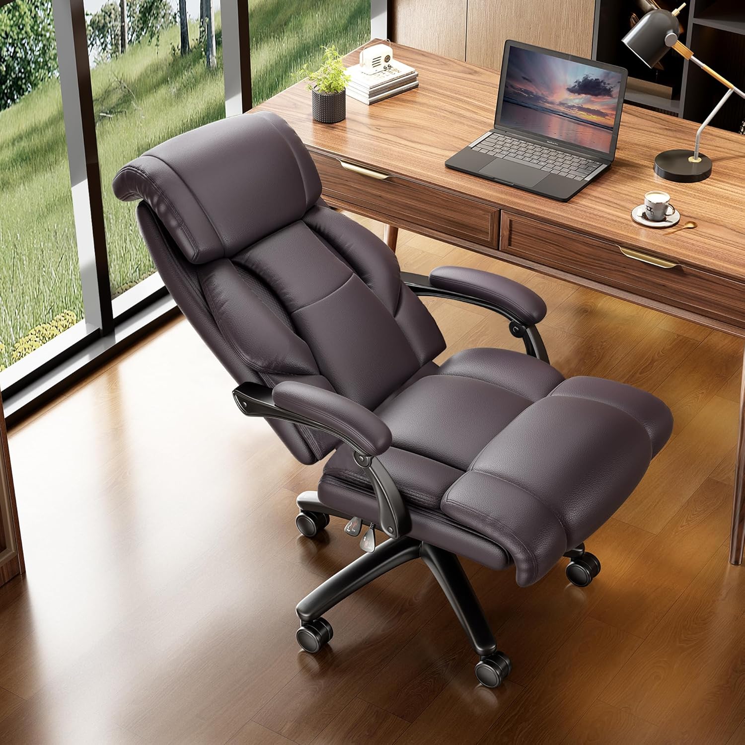 Ollega Reclining Office Chair, Executive Big and Tall Office Chair with Wide Seat, Recliner Leather High Back Computer Desk Chairs (Brown)