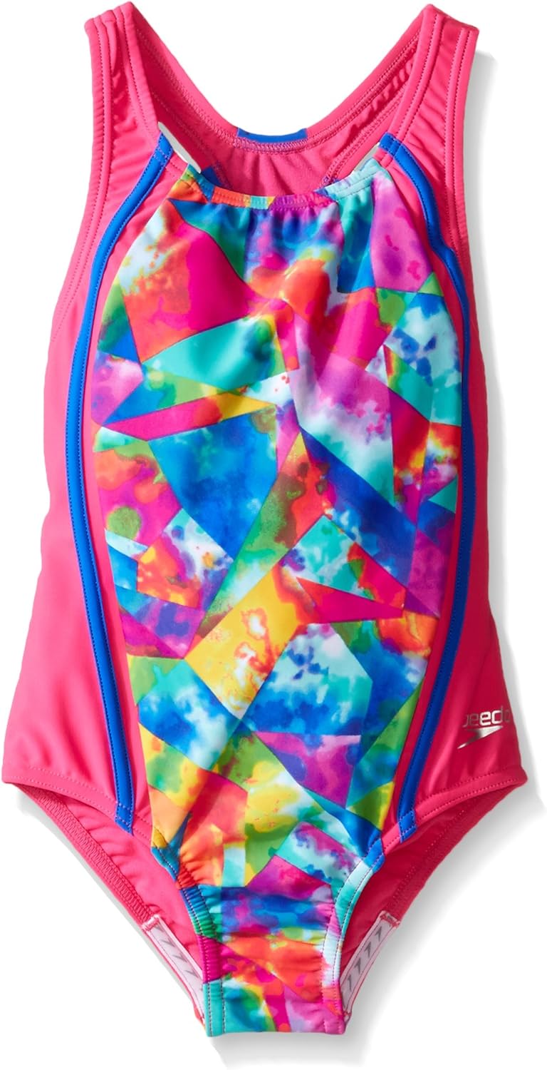 Speedo Girls' Swimsuit One Piece Thick Strap Racer Back Printed-Discontinued