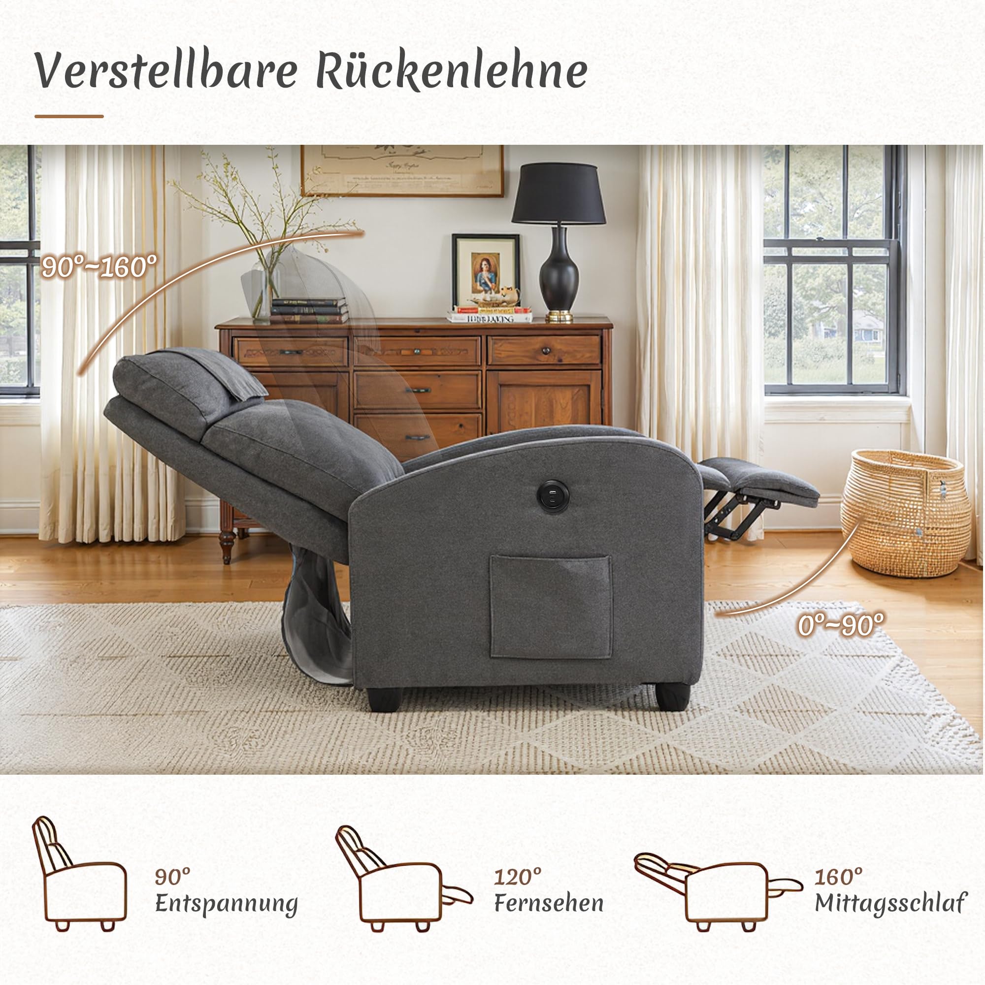BonVache Relaxsessel, Fernsehsessel, Freizeitsessel mit USB- & Type-C-Ladeanschlüssen, verstellbare Rückenlehne und Fußstütze, Einzelsessel für Wohnzimmer, Schlafzimmer, Büro, Leinenstoff, Dunkelgrau