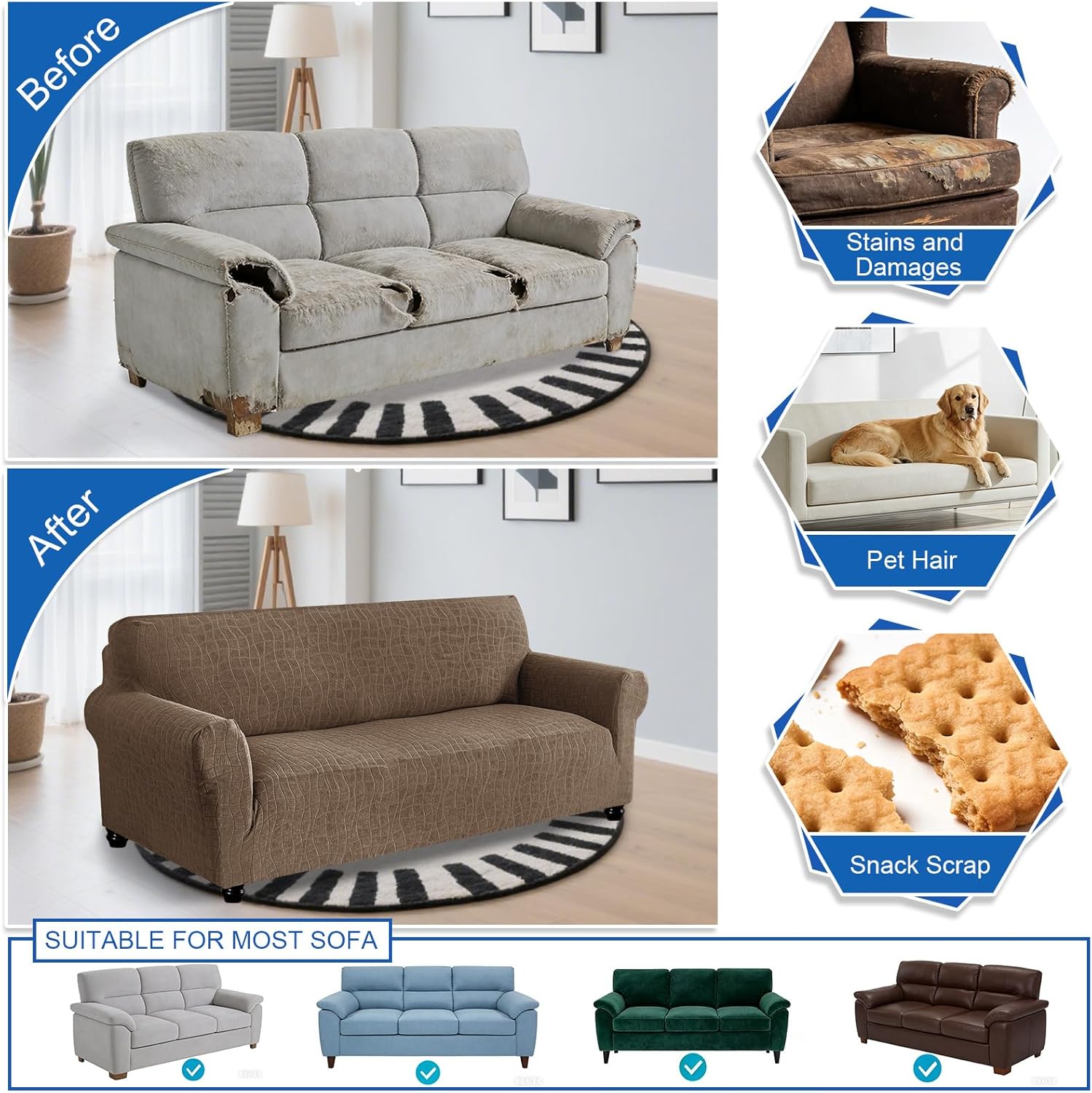 MAXIJIN Waterproof Couch Cover for 3 Cushion Couch, 1 Piece Stretch Sofa Covers Slipcovers with Non-Slip Elastic Bottom, Washable Furniture Protector for Dogs Pets (Large, Coffee)