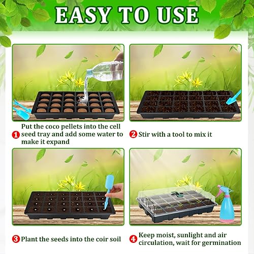 Miniatura 4 de Halatool Paquete de 2 bandejas de inicio de semillas con 50 pellets de coco, sistema de germinación de semillas de interior de invernadero para