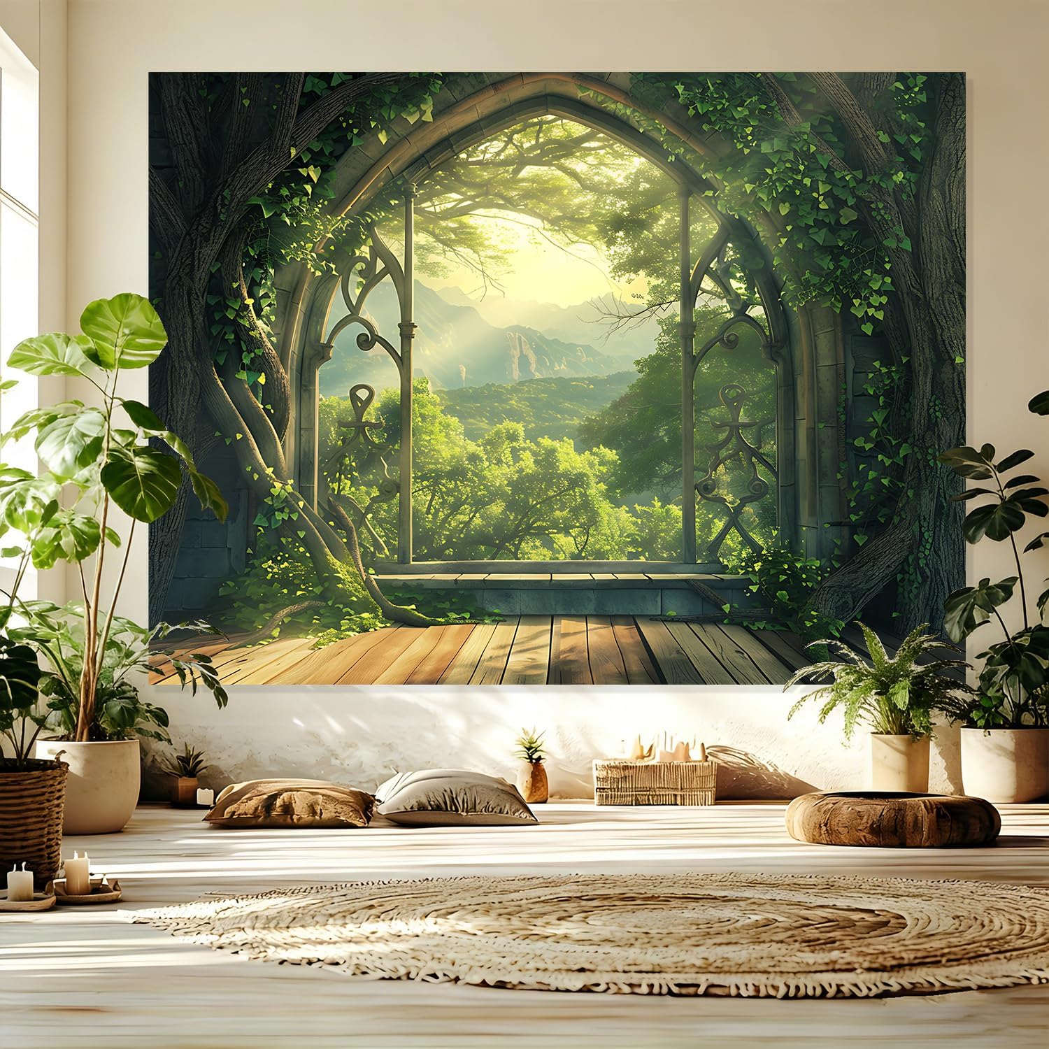 KKYEJLQYI Magic Treehouse Forest Tapestry 79 x 59 Inches - Polyester Wall Hanging - for Bedroom Dorm Living Room Decor(Enchanted Forest Arch)