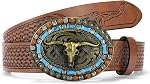 SENDEFN Western Cowboy Ceinture pour hommes Femmes Longhorn Bull Buckle Ceintures Florales gravés motif embossé 1.5" Large pour Jeans