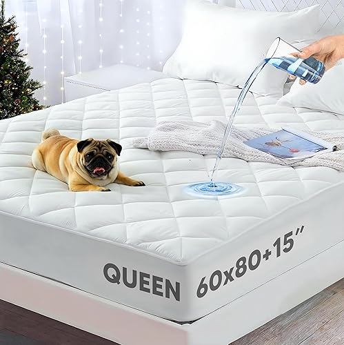 Miniatura 1 de Protector de colchón impermeable acolchado tamaño Queen con falda elástica y bandas de anclaje con bolsillo profundo de hasta 15 pulgadas, sin