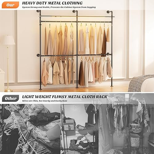 Miniatura 5 de Aheaplus Perchero industrial de tubo, perchero reversible de 118.3 pulgadas para colgar ropa, perchero resistente con luces LED y estantes, sistema