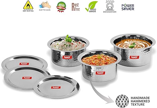Miniatura 2 de Sumeet - Juego de 3 recipientes de acero inoxidable hechos a mano con textura martillado para inducción y estufa de gas, con tapas (capacidad 1 l,