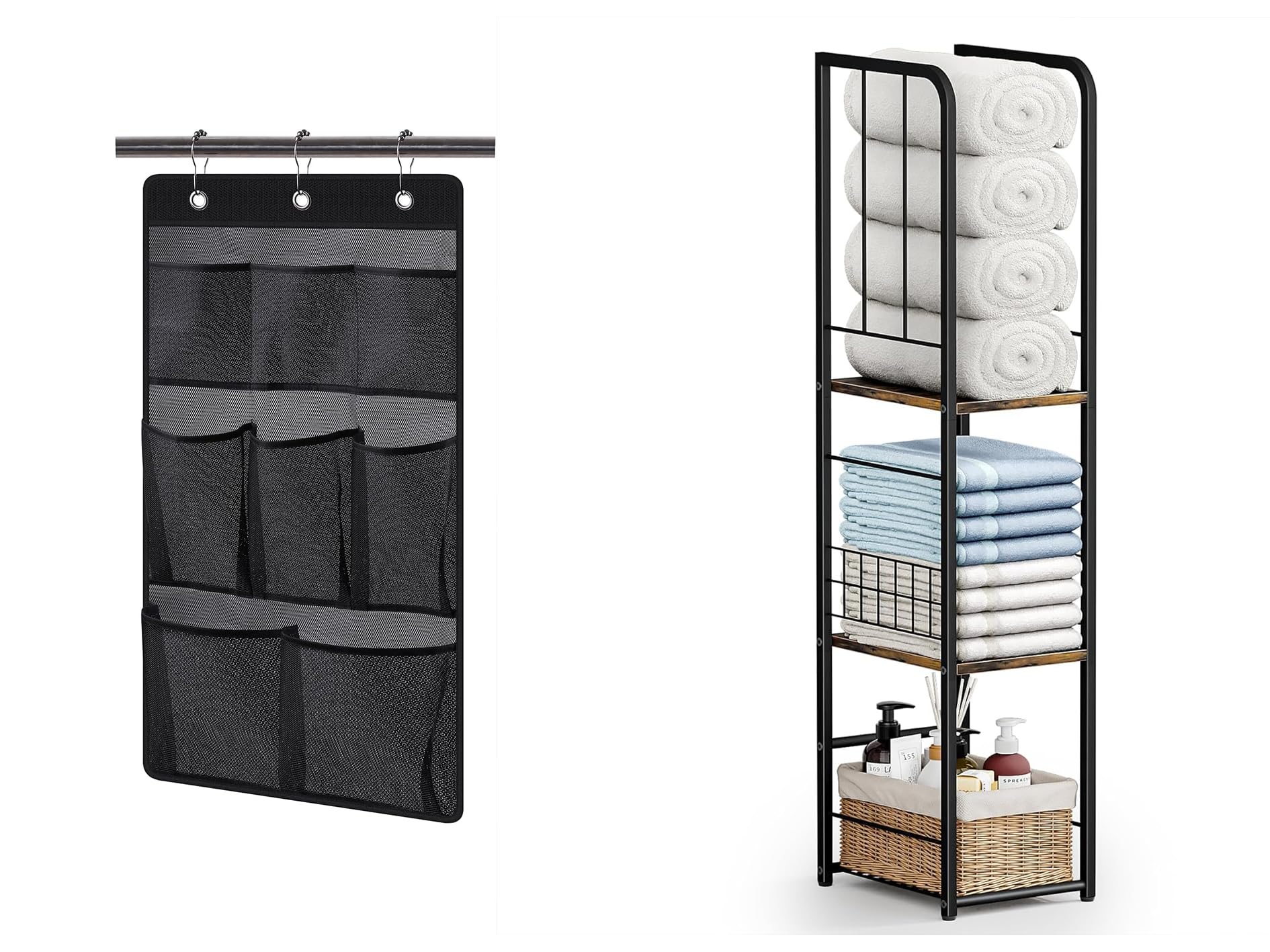 KIMBORA Mesh Shower Caddy Hanging Bathroom Organizer Black and Narrow Towel Storage for Bathroom Brown
