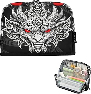 KLL Pencil Bags Large Capacity Cosmetic Bag With Compartment Desk Organizer for College Student College Black & White Oni Dragon Art