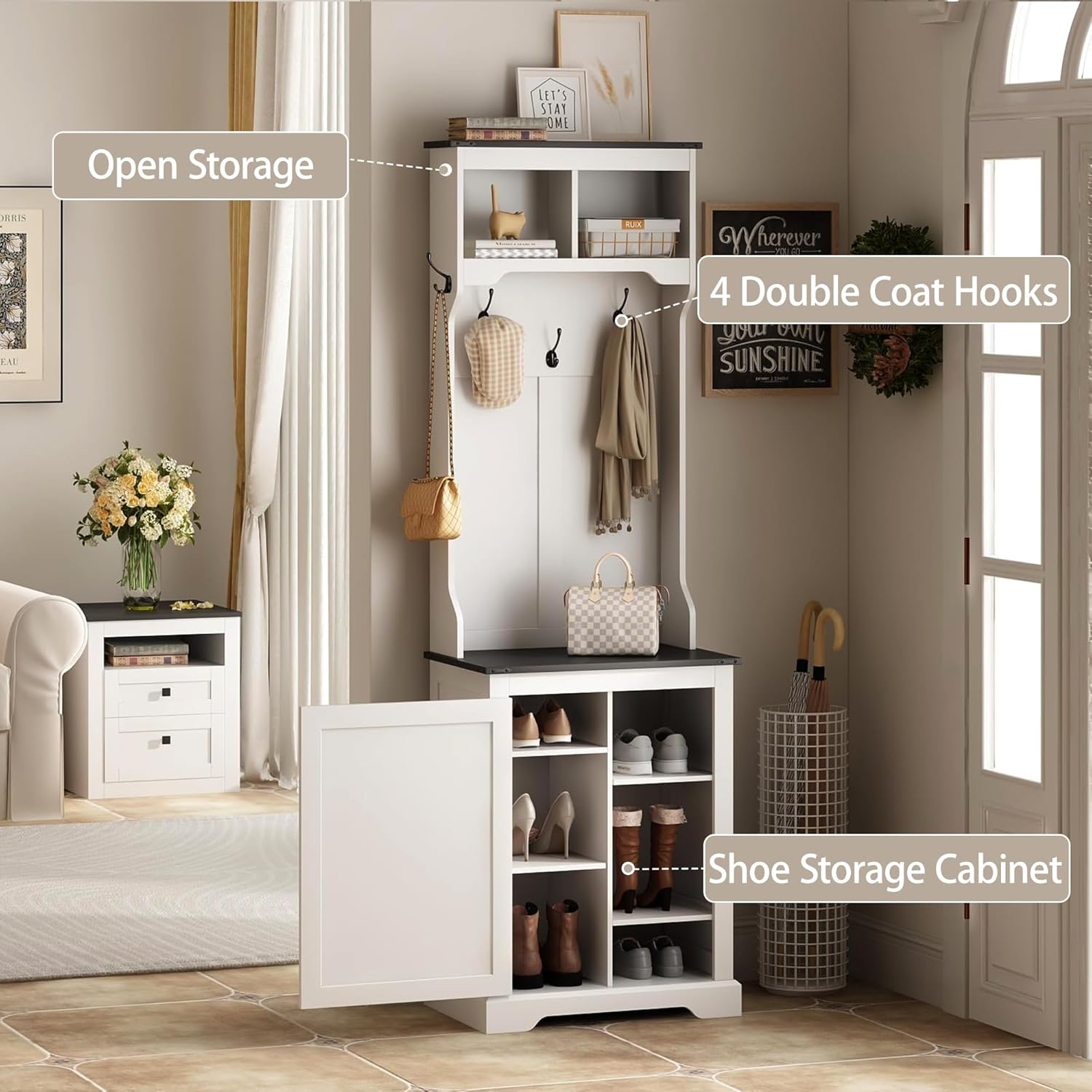 Diagram showing open storage, double coat hooks, and shoe storage cabinet