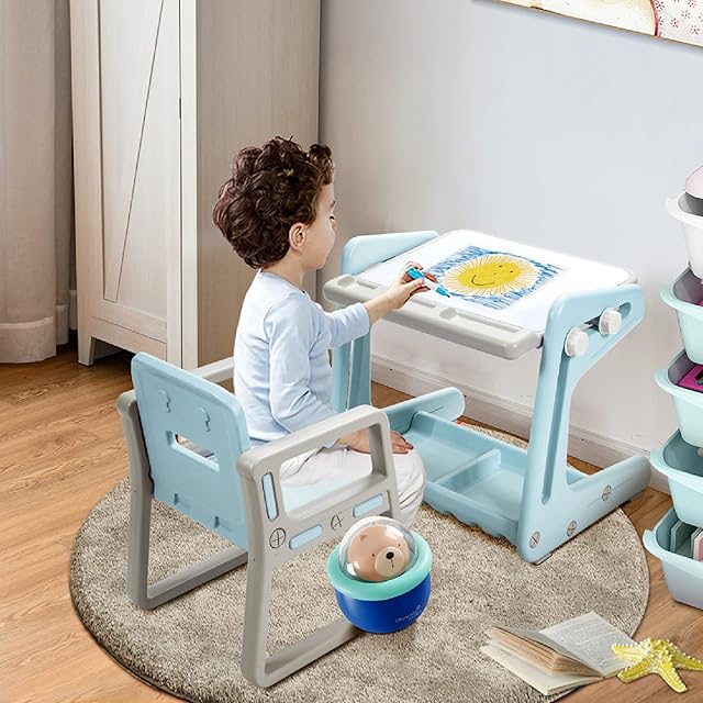 GYMAX Kids Table and Chair Set, Height Adjustable Drawing Board with Storage Tray, Pens and Eraser, Childrens Desk with Magnetic Whiteboard for Boys Girls (Blue)