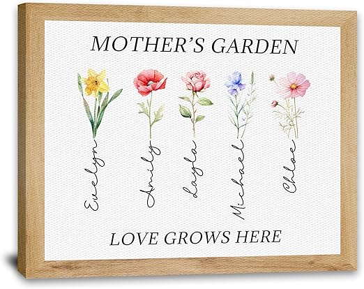Mothers Day Birthday Gifts For Mom, Custom Birth Month Flower Mother's Garden Canvas Wall Art With Kids Name, Personalized Canvas Gifts for Mom From Daughter Son, Grandma Gift for Christmas