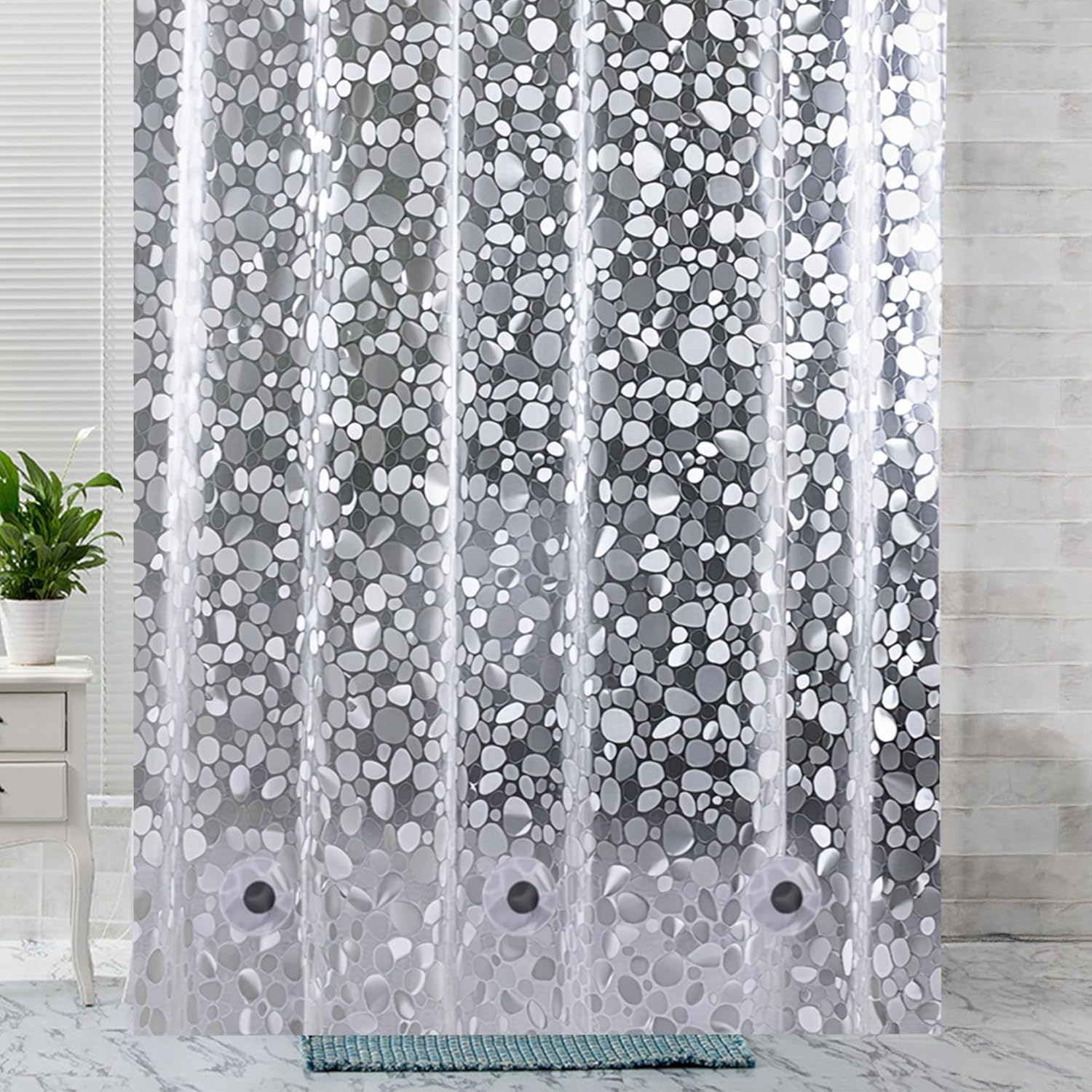 WedDecor Waterproof Heavy Duty PVC Clear 3D Effect Pebbles Printed Shower Curtain Liner with Magnetic Bottom, 12 Curtain Hooks, 180cm x 200cm