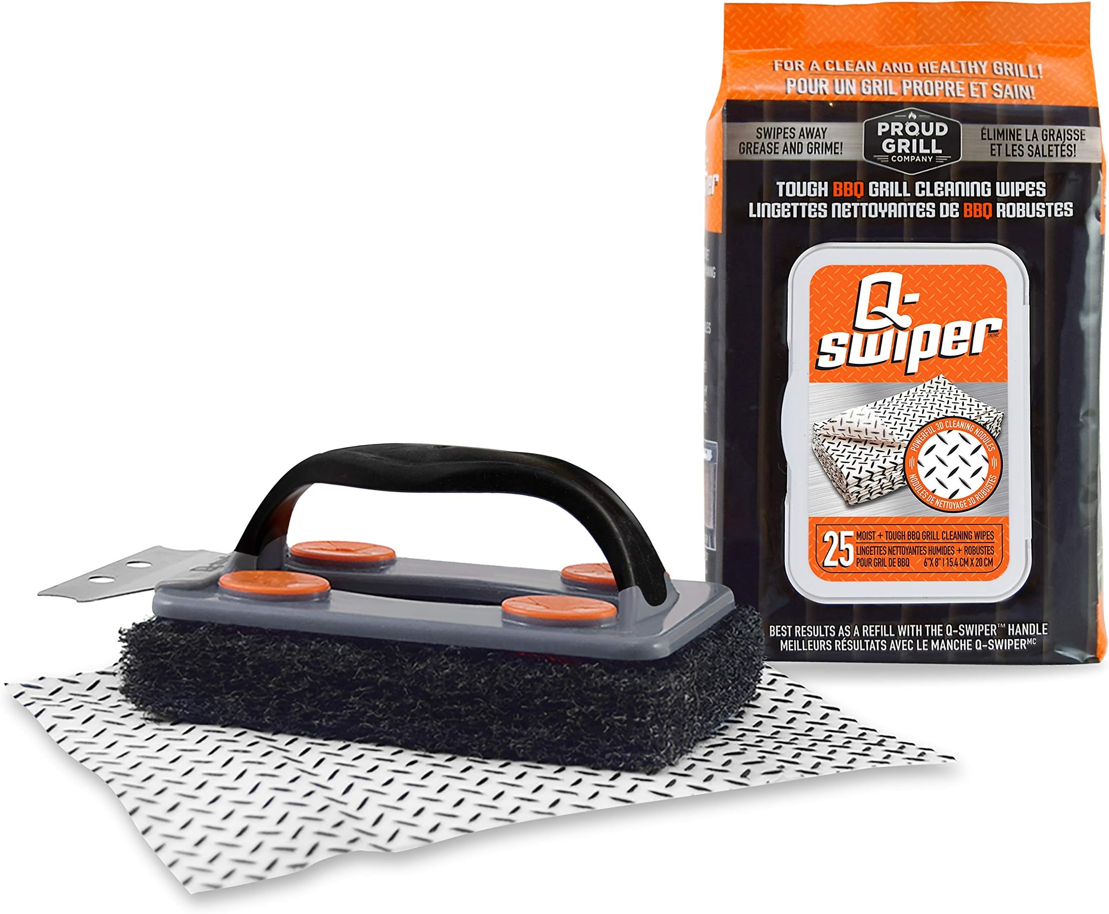Proud Grill Q-Swiper BBQ Grill Cleaner Set - 1 Grill Brush with Scraper and 25 BBQ Grill Cleaning Wipes, Bristle-Free & Wire-Less, Safe Way to Remove Grease and Grime, Ideal for Mom