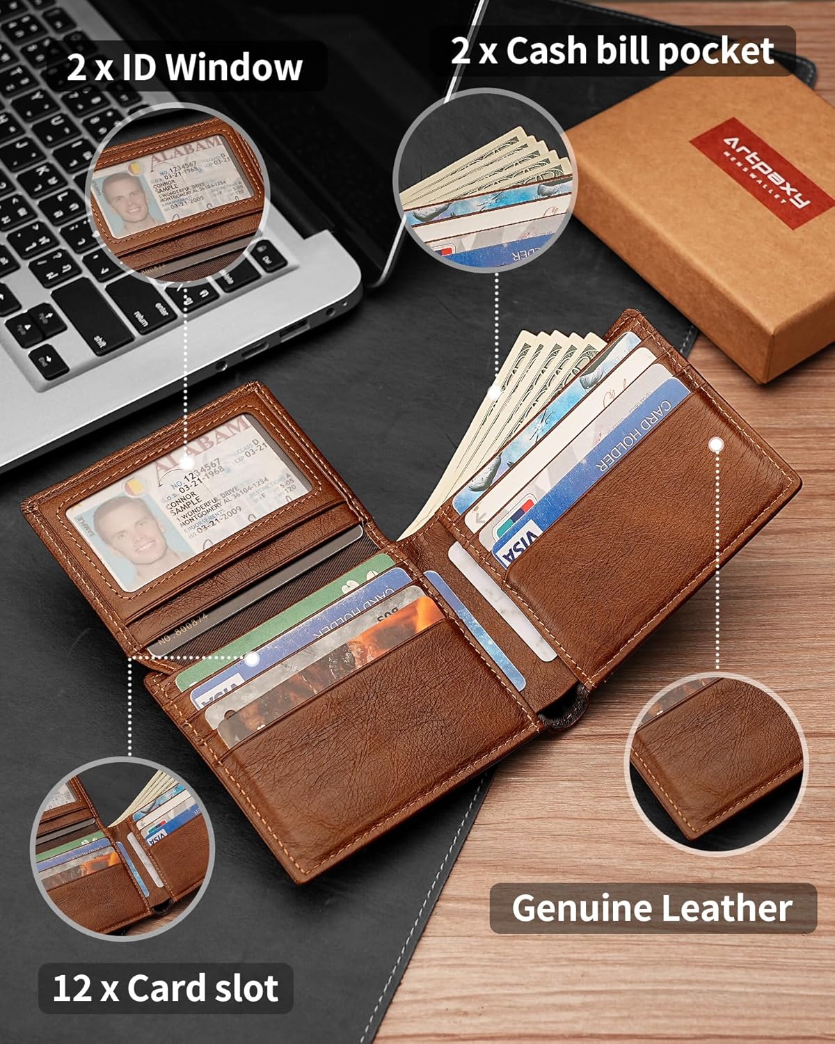 Mens Wallet Bifold Genuine Leather RFID Blocking Wallet for Men with 2 ID Windows 12 Card Holders 2 cash pockets 1 Gift Box - Image 5