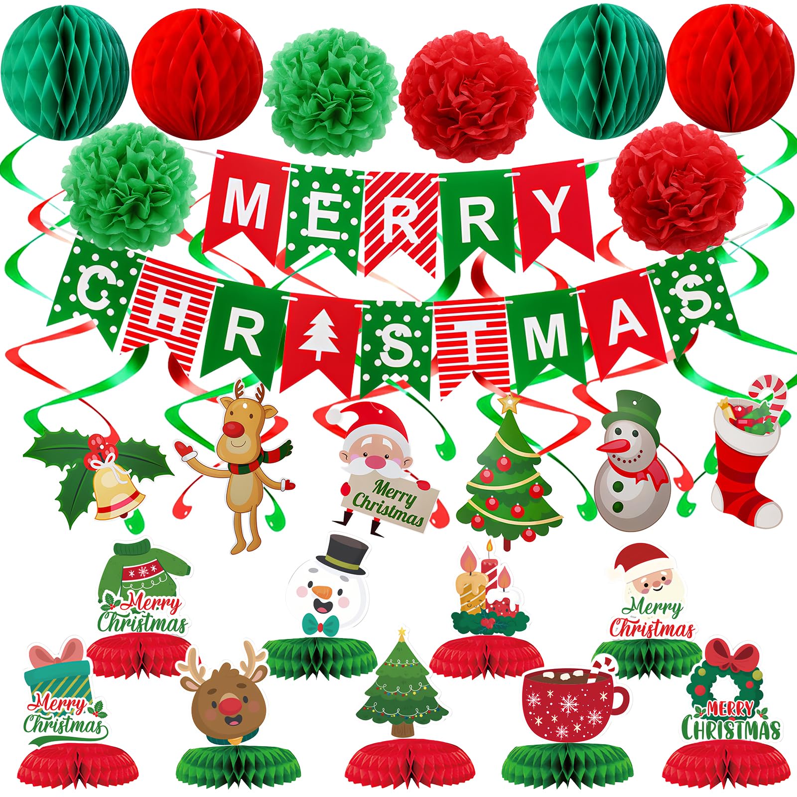 KUANINUNAR Red Green Christmas Decorations Party Banner Set Flower Fan Paper Xmas Bunting Honeycomb Centerpieces Tree Santa Snowman Banner Table Decorations Christmas Party Supplies (Red)