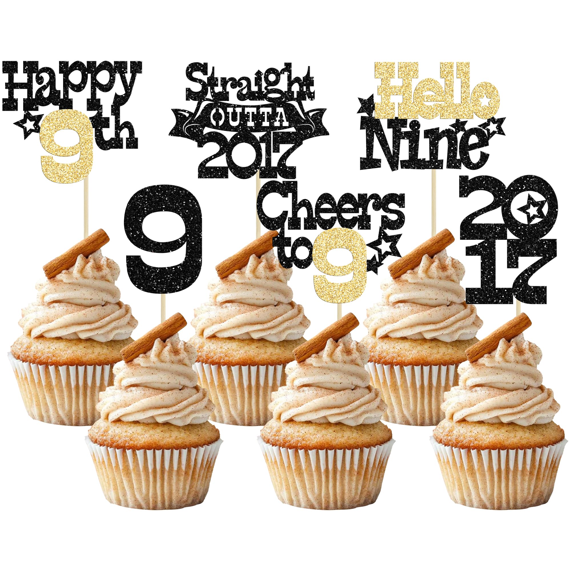 Ephlyn 30Pcs Straight Outta 2017 Cupcake Toppers Glitter Hello Nine Happy 9th Birthday Cupcake Picks Cheers to 9 Years Cake Decorations for 9th Birthday Party Supplies Black Gold