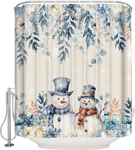 Cortina de ducha de Navidad para baño, 72 x 78 pulgadas, diseño de muñeco de nieve azul de Navidad, diseño de flor de eucalipto con ganchos,