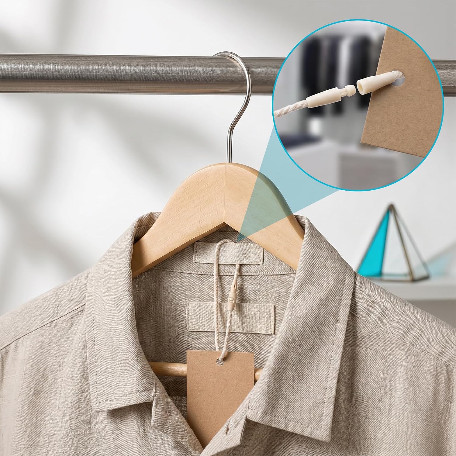 200pcs Hang Tag String, 8.3in Cotton Hanging Tag Rope with Plastic Lockers, Snap Lock Pin Loop Fastener Hook Ties for Bags Shoes Luggage Label- Beige