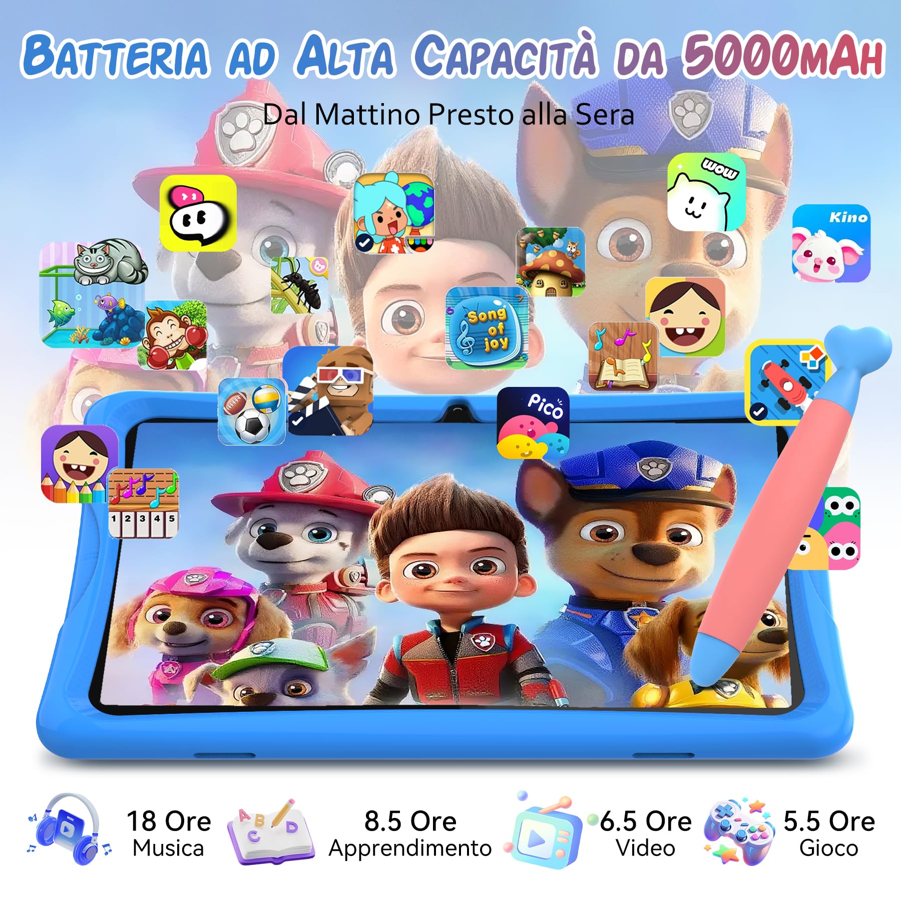 TABWEE K10 Tablet Bambini 10 pollici, 12 GB RAM + 64 GB ROM (TF 2 TB) | Android Tablet Educativo con Controllo Parentale, Google Kids Space, WiFi 6, Schermo Anti-Luce Blu, Custodia - Blu