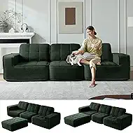108" Boneless sectional Couch for Living Room,Convertible L-Shape Fleece Couches with Ottoman, Cloud Modular Sofa with Deep Seat for Bedroom, No Assembly, Green