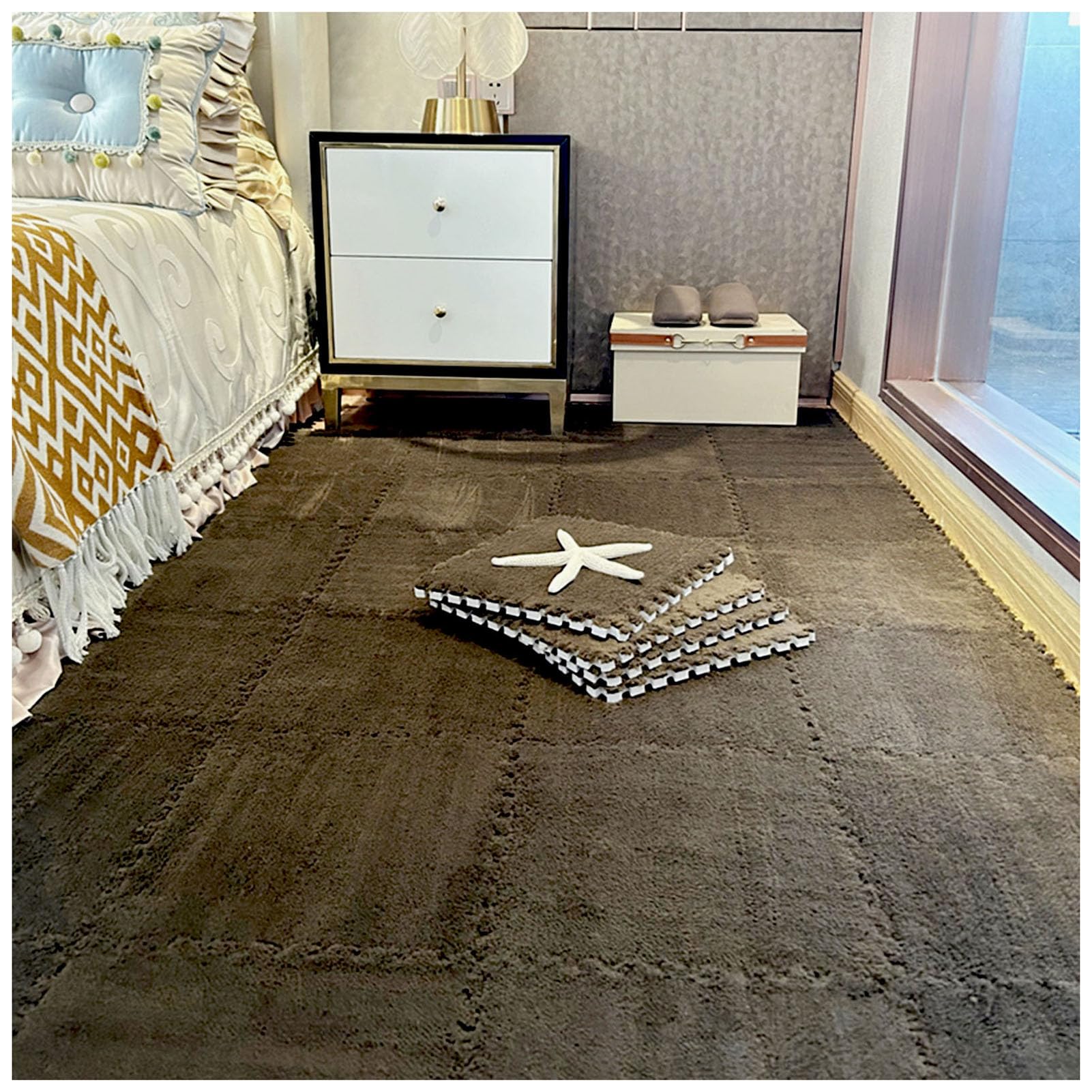 Tapis en mousse pelucheuse pour salle de jeux - Dalles de moquette emboîtables épaisses marron