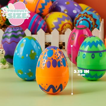 JOYIN 24PCS 3.15 Printed Easter Eggs, Empty Fillable Colorful Plastic Eggs Bulks for Easter Hunt, Basket Stuffers Filler, Classroom Prize Supplies
