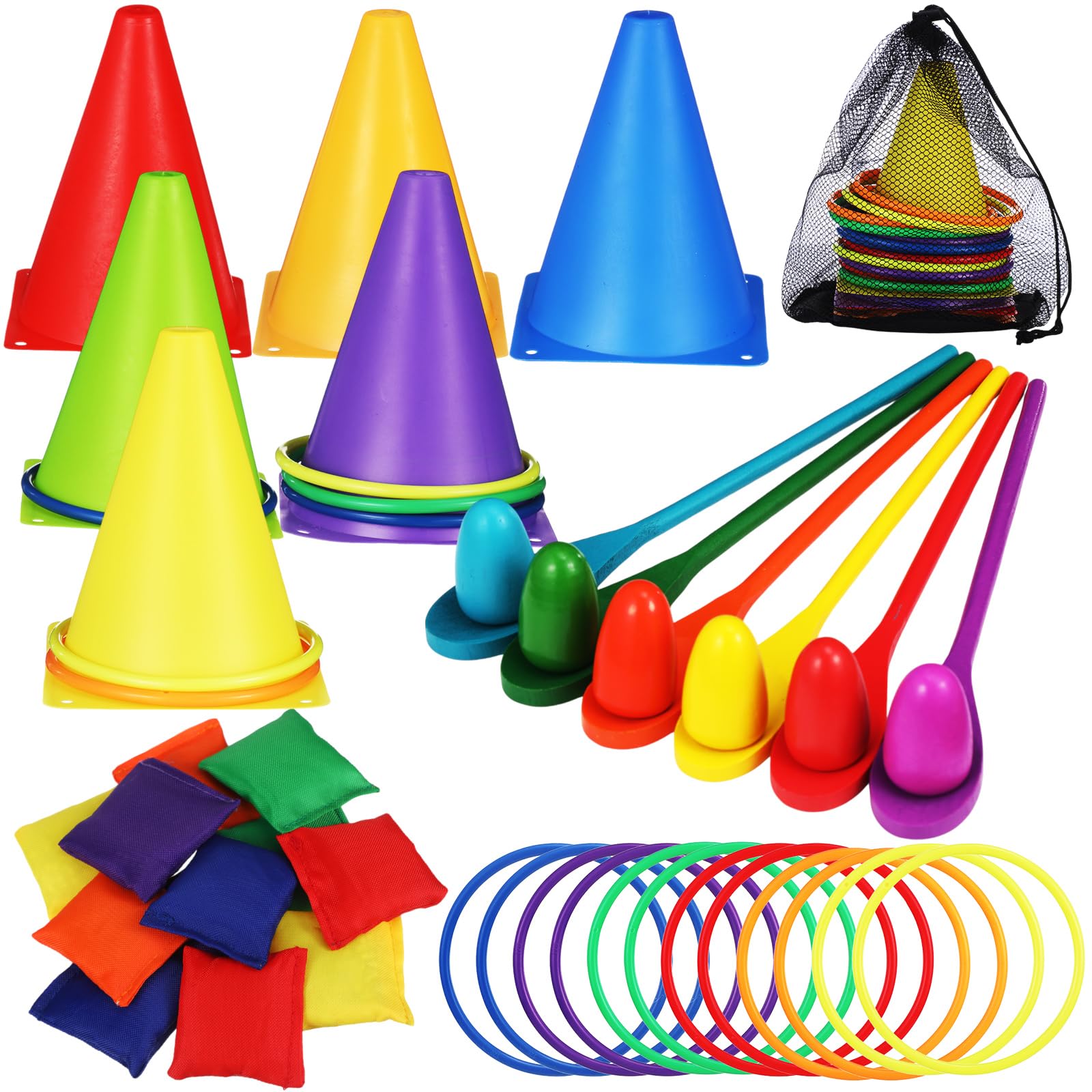 Photo 1 of Libima 43 Pcs Carnival Games Combo Set, Egg Spoon Relay Set, Plastic Cones Bean Bags Ring Toss Game Party Supplies for Boys Girls Adults Family Birthday Gifts Indoor Outdoor Yard Lawn