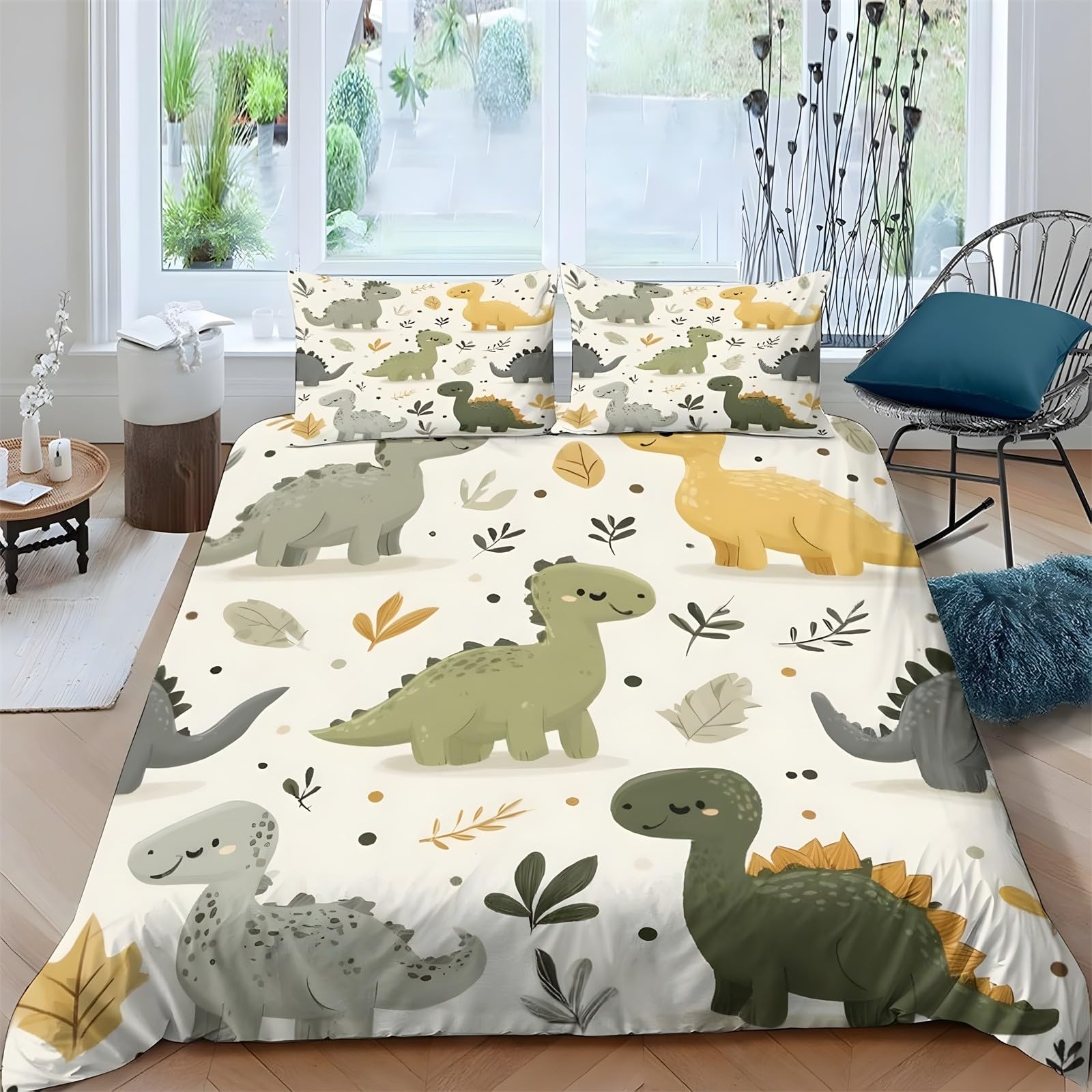 Ypthriline Single Duvet Cover Set Dinosaur Bedding Set Microfiber Yellow-Green Duvet Covers with Pillowcases Reversible Bedding With Zipper Closure 135x200CM