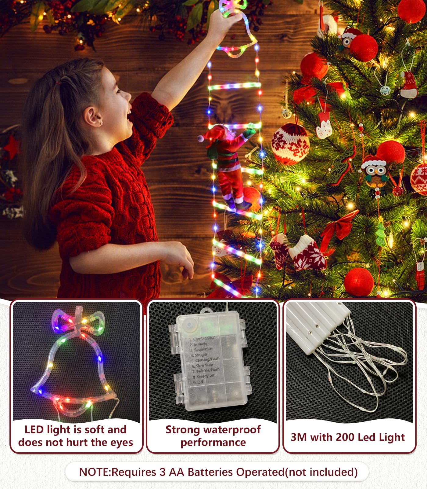 Guirlande Lumineuse Échelle Père Noël, 3 m LED Rideau Lumineux Decoration Noel Guirlande Lumineuse à Piles, 8 Modes Christmas Lights Échelle avec Père Noël Minuterie Étanche pour Exterieur Interieur