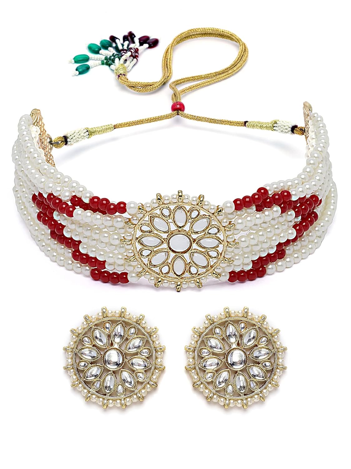 Karatcart Gold Plated White Pearl and Red Beads Kundan Choker Necklace Set for Women Karatcart Gold Plated White Pearl and Red Beads Kundan Choker Necklace Set for Women
