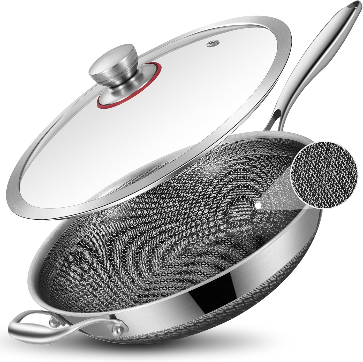 LOLYKITCH 33.5CM Hybrid Non Stick Ceramic Tri-Ply Stainless Steel Wok Pan with Lid, Stir Fry-Pan, Induction Cooking Pan, Oven Safe and Detachable Handle