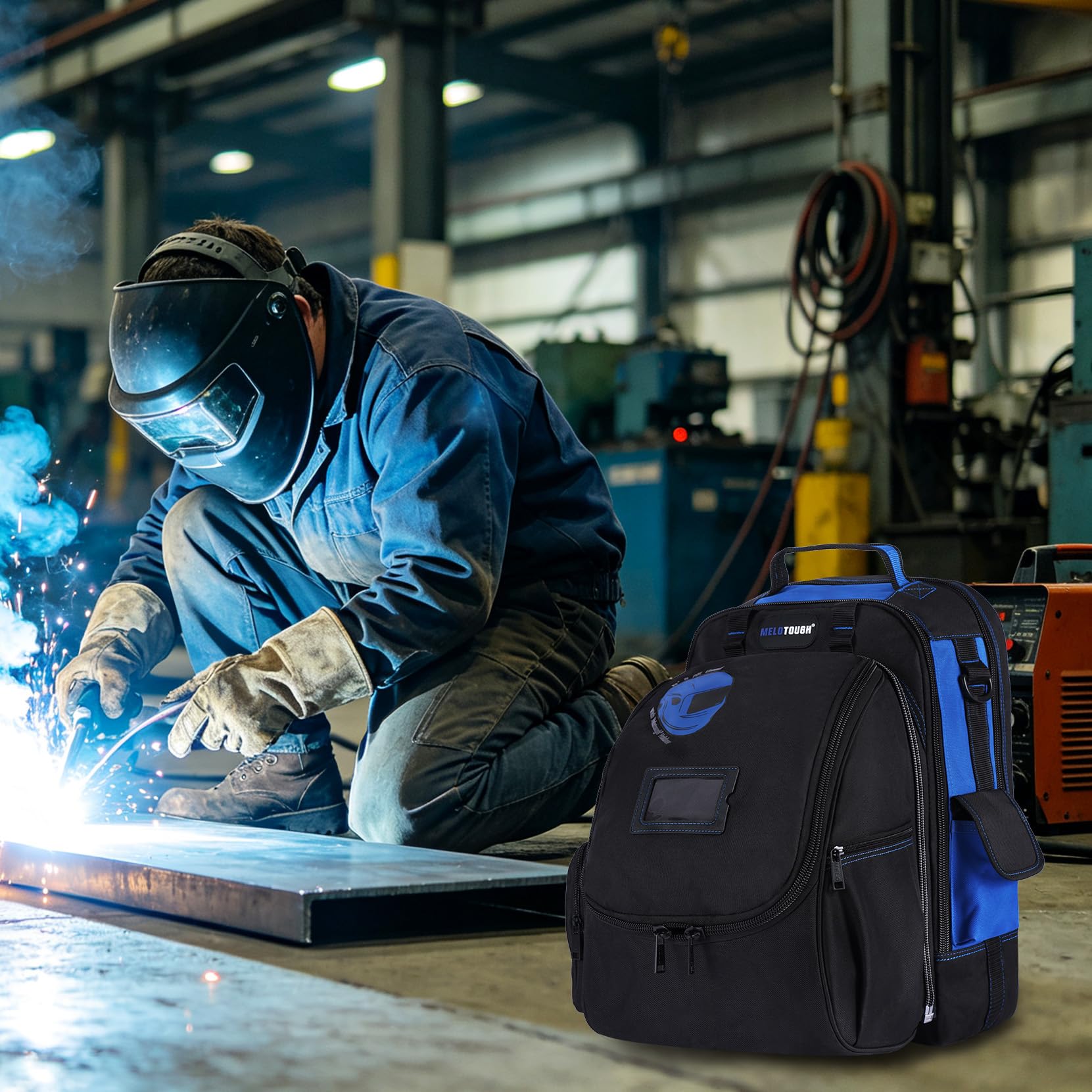 MELOTOUGH Sac à dos pour outils d'électricien avec loquet de casque, sac de rangement robuste pour électricien, charpentier, ouvrier, construction, chauffage, climatisation, soudeur (bleu)