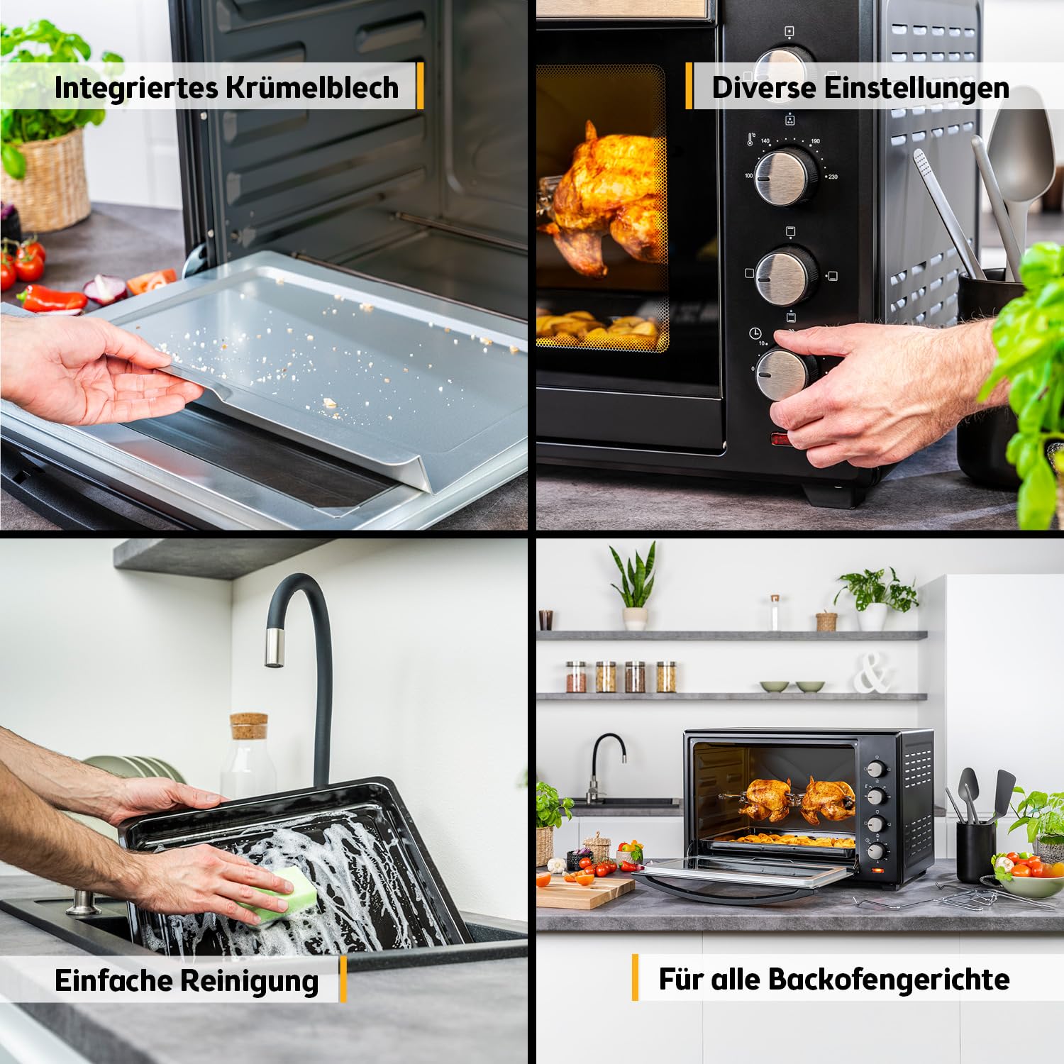 TZS First Austria - Minibackofen 60L 2000W - Mini Backofen Pizzaofen Temperaturregelung bis 230°C & 6 Modi - Geräumiger Miniofen mit 60 Min. Timer, 4 Einschubhöhen, Backblech, Grillrost & Drehspieß