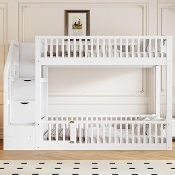 RUNNA Twin Over Twin Floor Bunk Bed, Ladder with Storage White#40