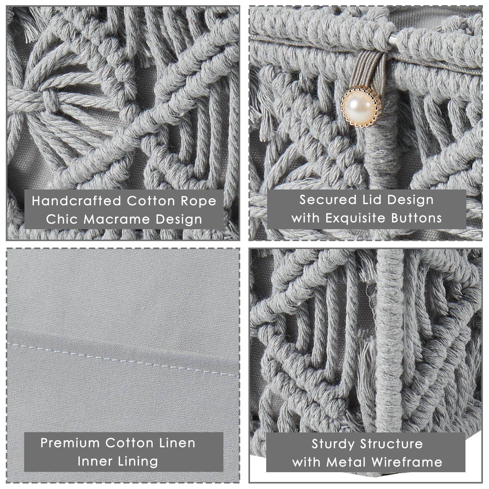 VinneGenzz Decorative Boho Storage Baskets with Lid Bohemian Macrame Jewelry Box Handmade Natural Cotton Rope Woven Bins Memory Keepsake Photo Makeup Organizer Shelf Container (Gray, Small)