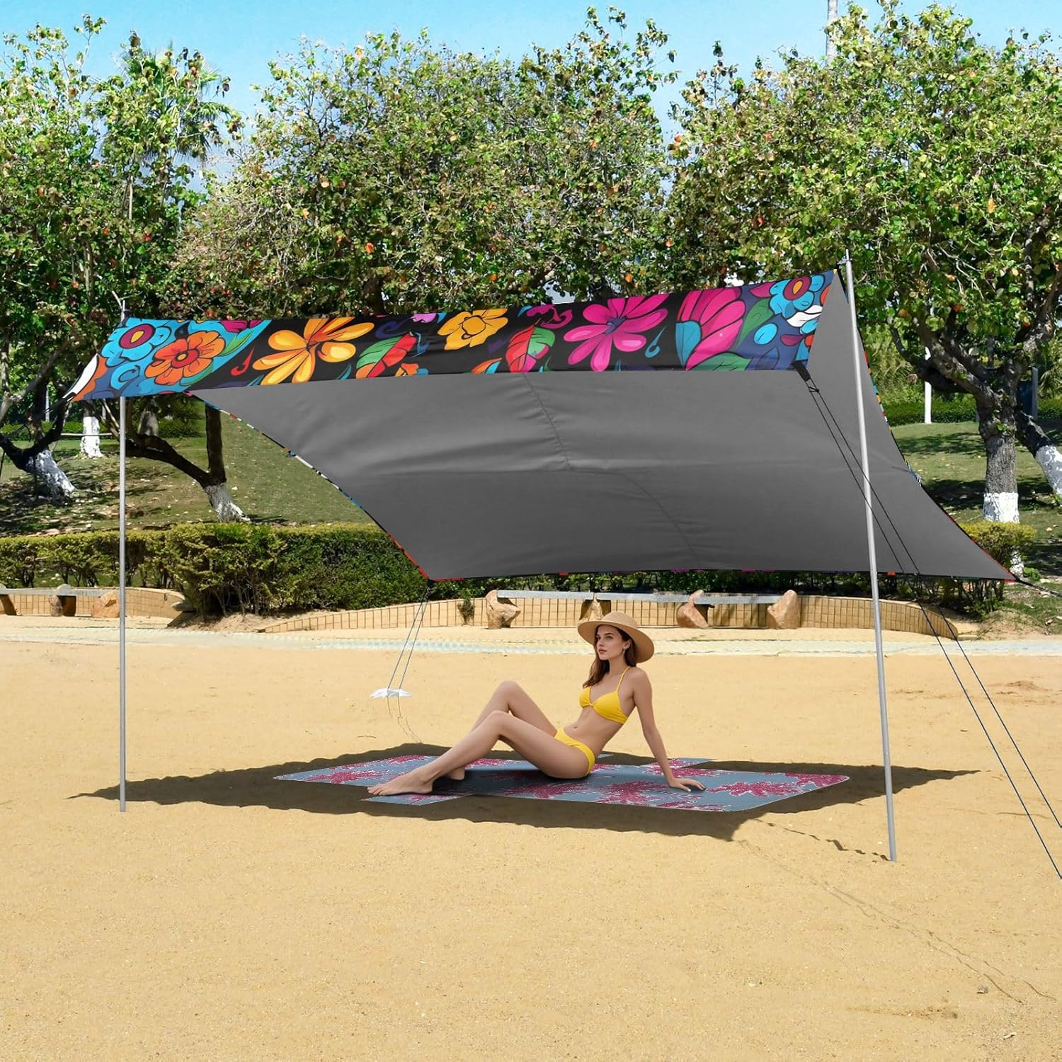 ALAZA Sugar Skull Day of Dead Beach Tent Sun Shelter UPF50+ Protection Beach Shade Canopy w/ 4 Sandbags for Outdoor Camping, Fishing, Backyard Fun, Picnic, 10x9 ft