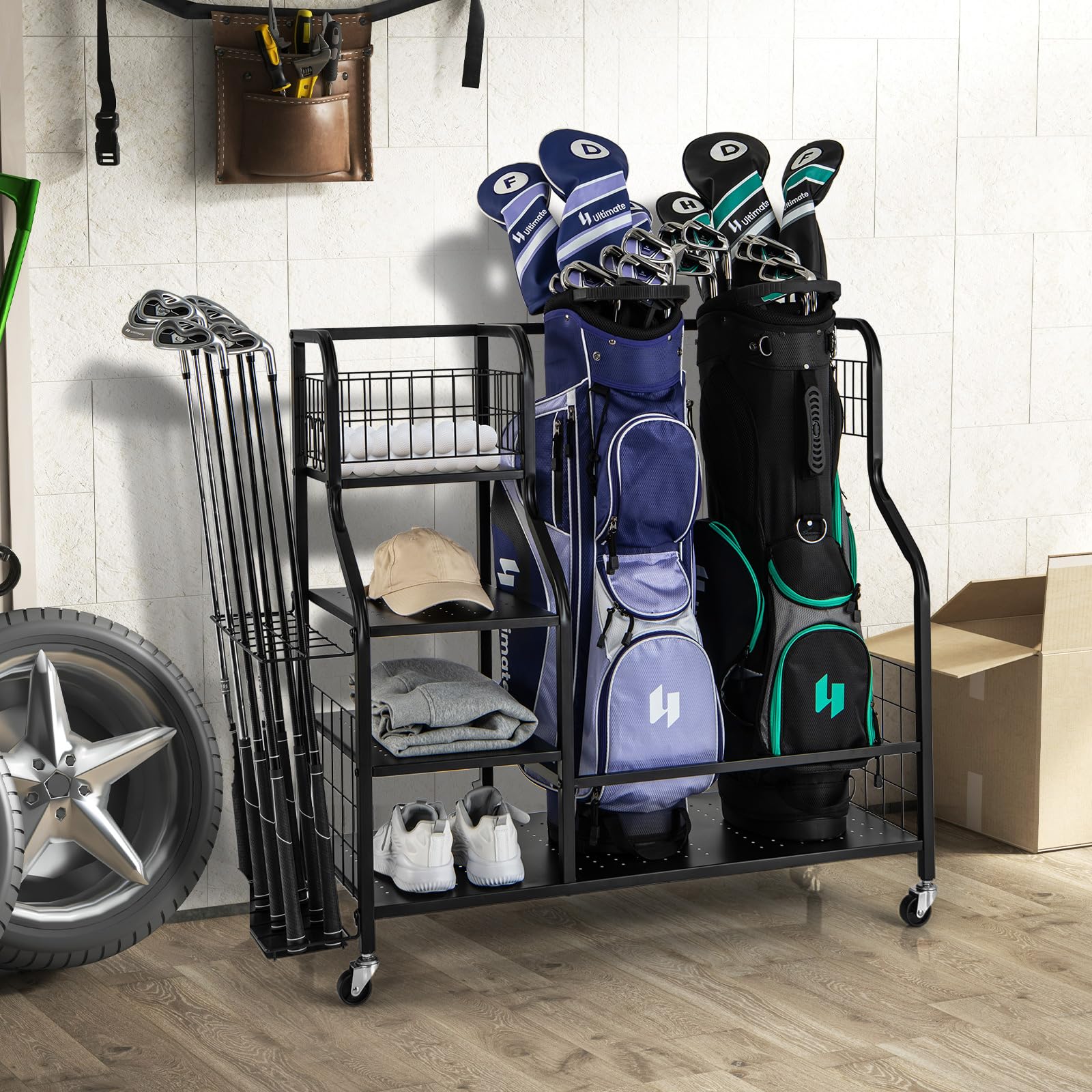 GYMAX Organizzatore per Borsa da Golf, Stand per Borse da Golf con Ripiano a 3 Livelli, Cestino Superiore, Organizzatore per 14 Mazze, 2 Ganci per Asciugamani Rimovibili e 4 Ganci Laterali