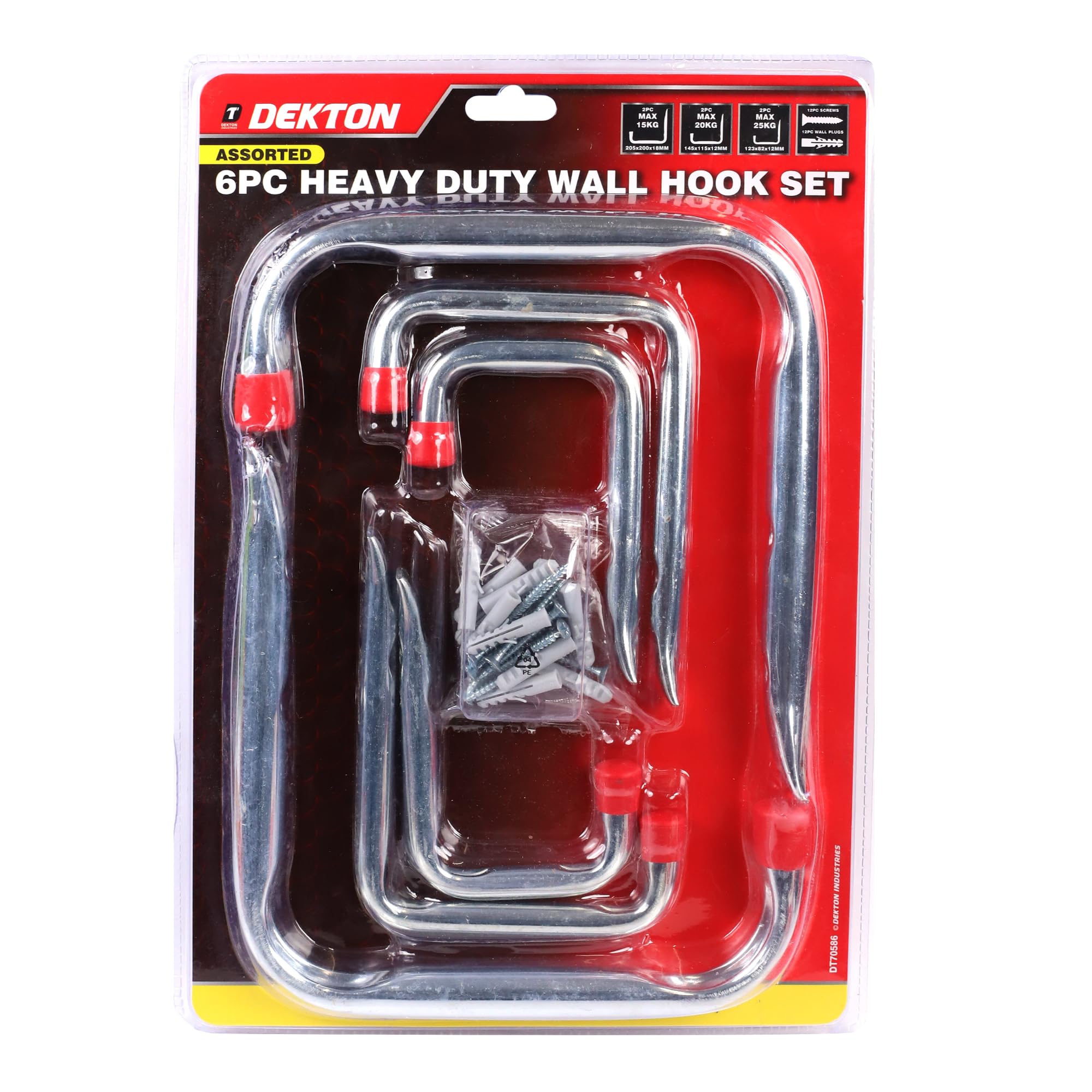 DEKTON 6PC Heavy Duty Assorted Wall Hooks - Max Capacity of 35kg | Ideal for Hanging Tools, Coats, Bags, and More | Durable, Rust-Resistant Metal Construction for Home, Garage, or Office