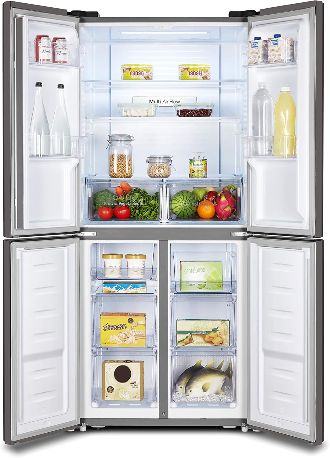 Interior view of the Hisense RQ515N4AC2 refrigerator with all four doors open, showing shelves, door bins, and crisper drawers in the refrigerator section, and freezer drawers below.