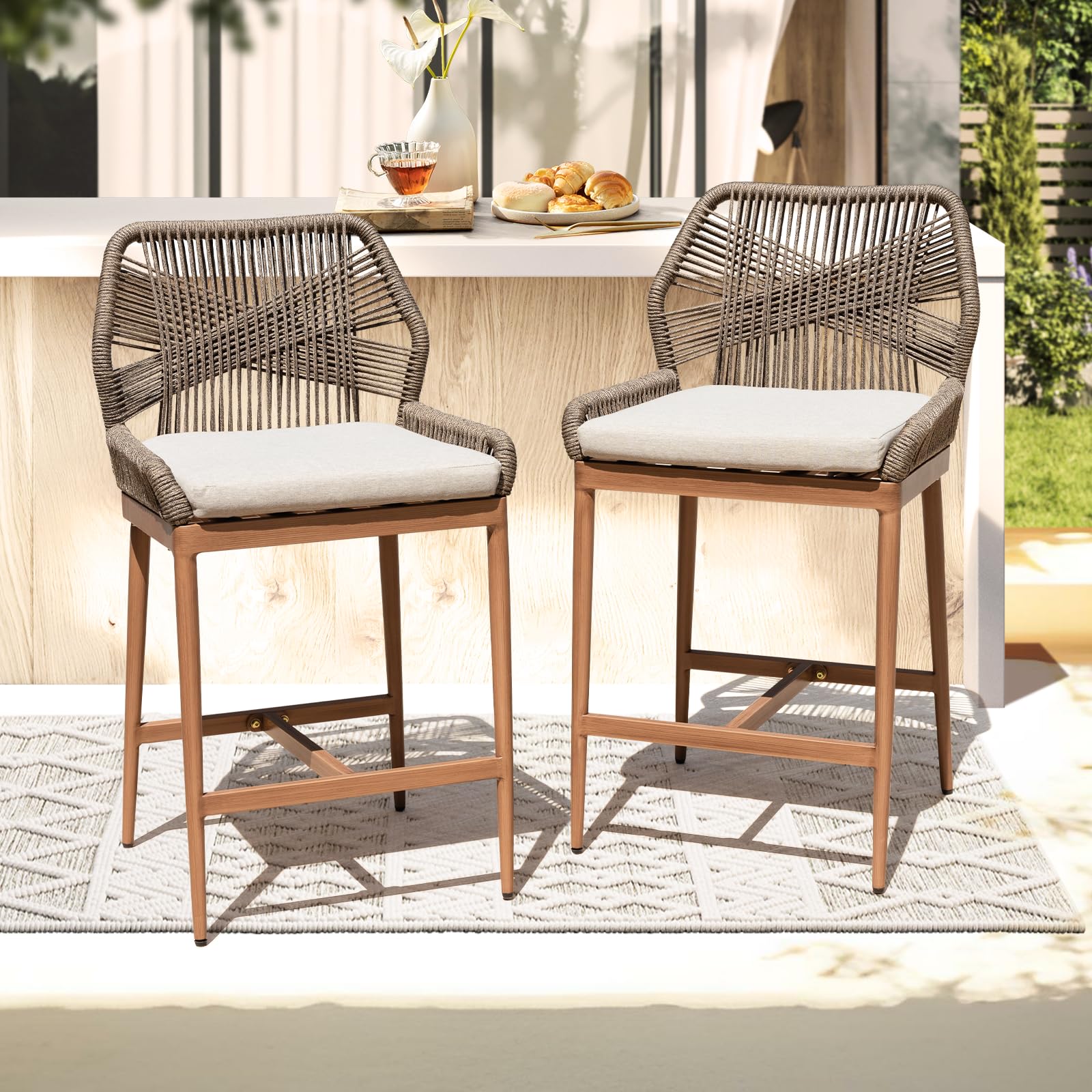 Set Of 3 Rattan Bar Stools With Double-Layer Back – 26" Height, 360° Swivel, Boucle Upholstered Seats (White)