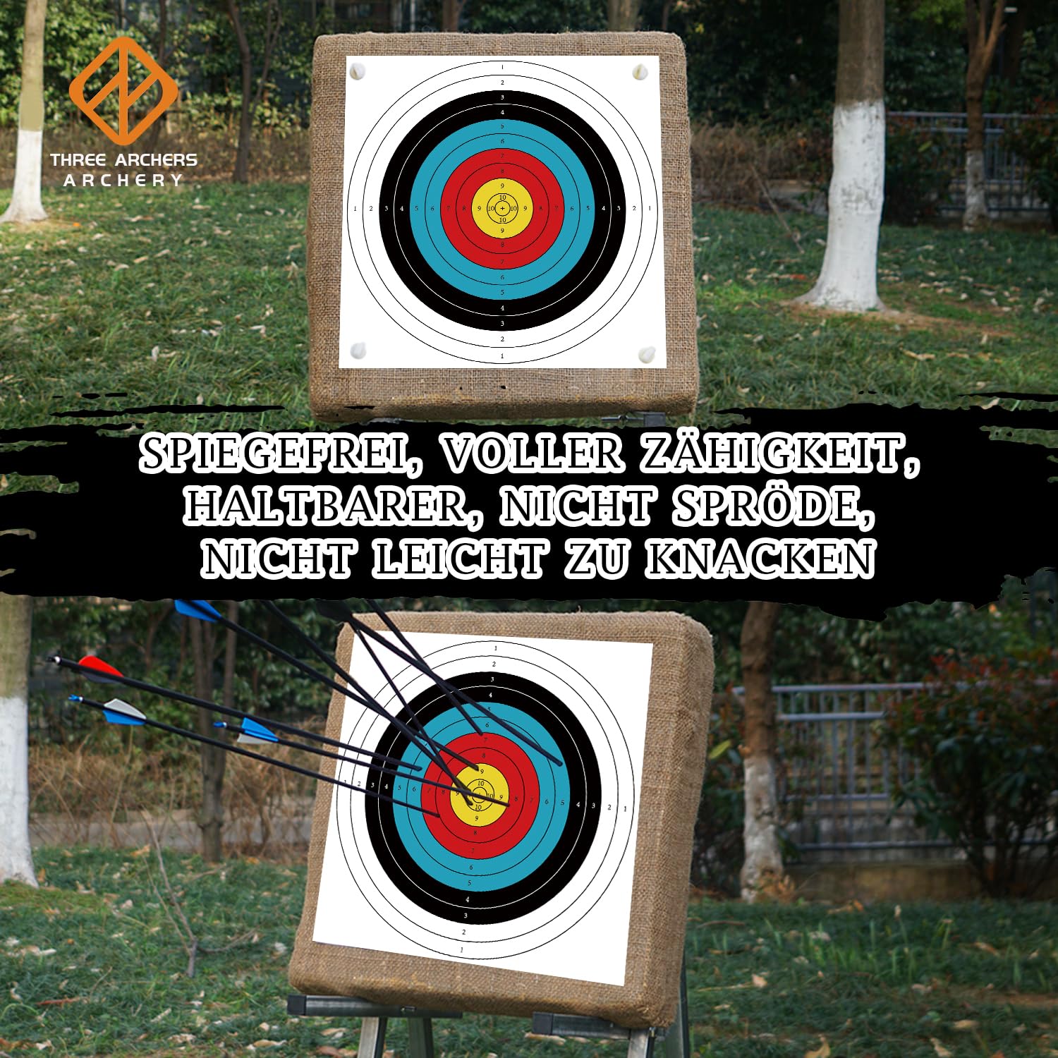 THREE ARCHERS 20 fogli da 60 cm, per tiro con l'arco, 10 supporti ad anello, 60 cm x 60 cm, per caccia e tiro