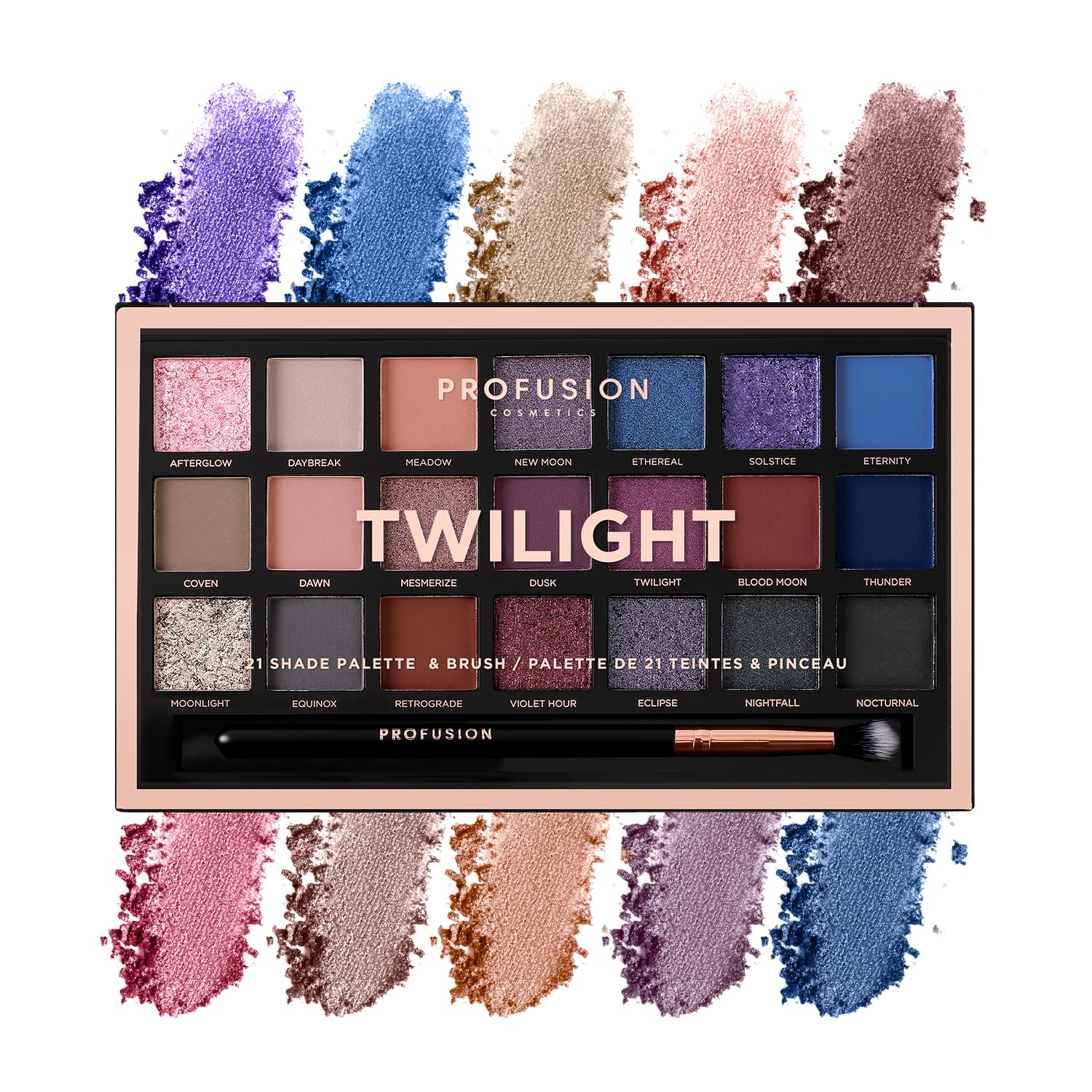Profusion Cosmetics Twilight 21-Shade Eyeshadow Palette with Brush – Blendable Matte, Metallic & Mousse Finishes, Rich Pigments Infused with Vitamin A and E, Vegan & Cruelty-Free Makeup
