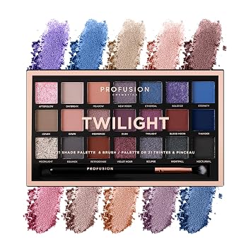Profusion Cosmetics Twilight 21-Shade Eyeshadow Palette with Brush Blendable Matte, Metallic & Mousse Finishes, Rich Pigments Infused with Vitamin A and E, Vegan & Cruelty-Free Makeup