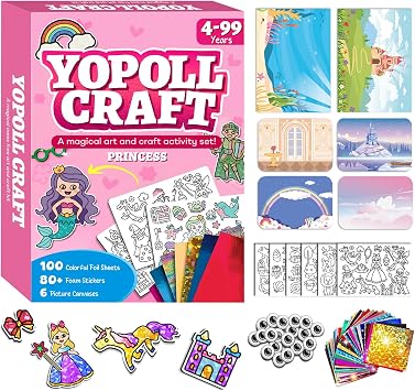 YoPoll Foil Art Craft Kits for Kids, Mess-Free DIY Creative Activity Set, Fun Arts and Crafts Toys for Boys & Girls, Peel & Press Foil Art Kit for Kids, Travel Toy and Birthday Gift Princess