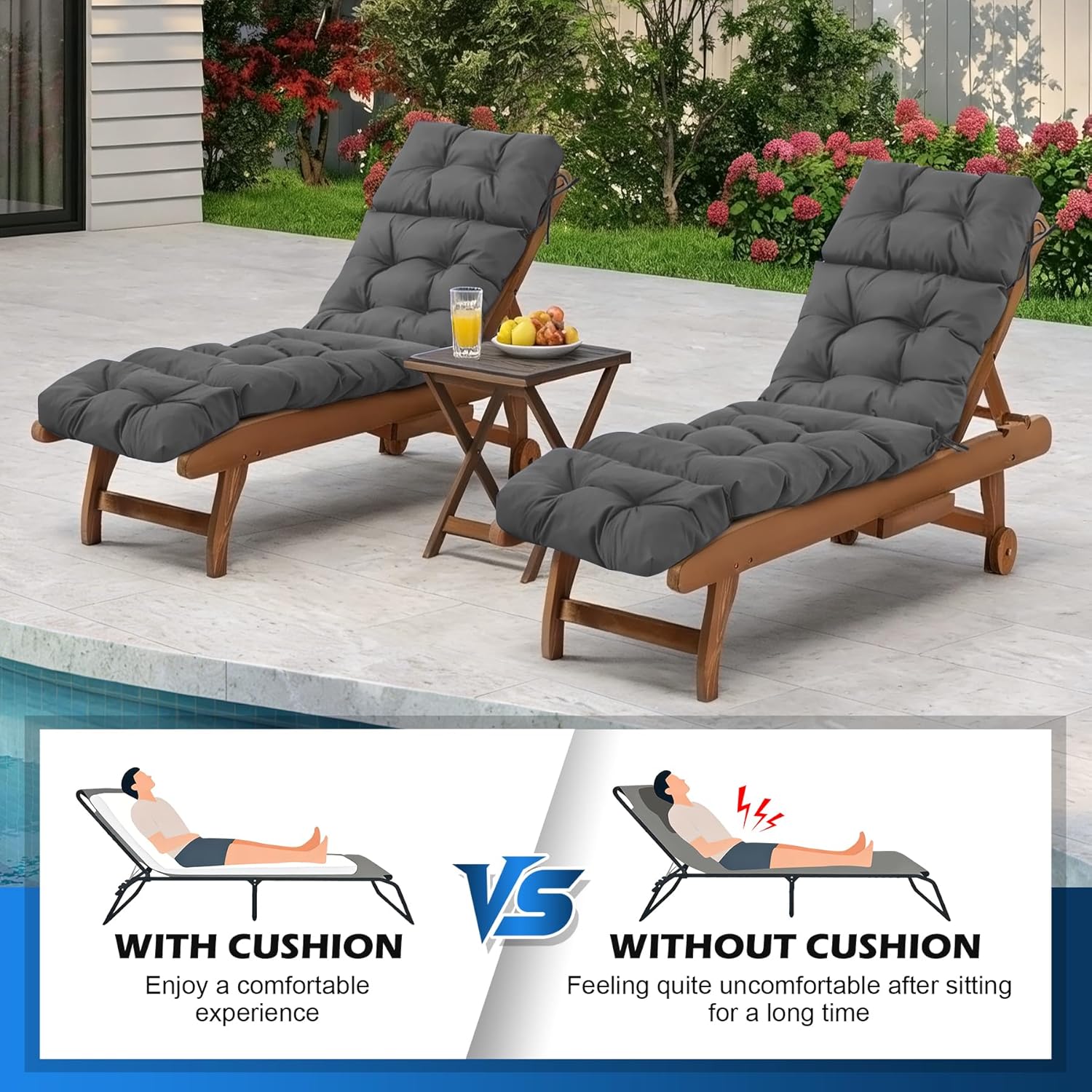 Chaise Lounge Cushions Outdoor, Waterproof & Fade Resistant Patio Lounge Chair Cushions for Outdoor Furniture, Chaise Cushion with Ties for Patio, Pool, Lawn and Beach, 75.1x22.8x4.7 Inch, Dark Grey