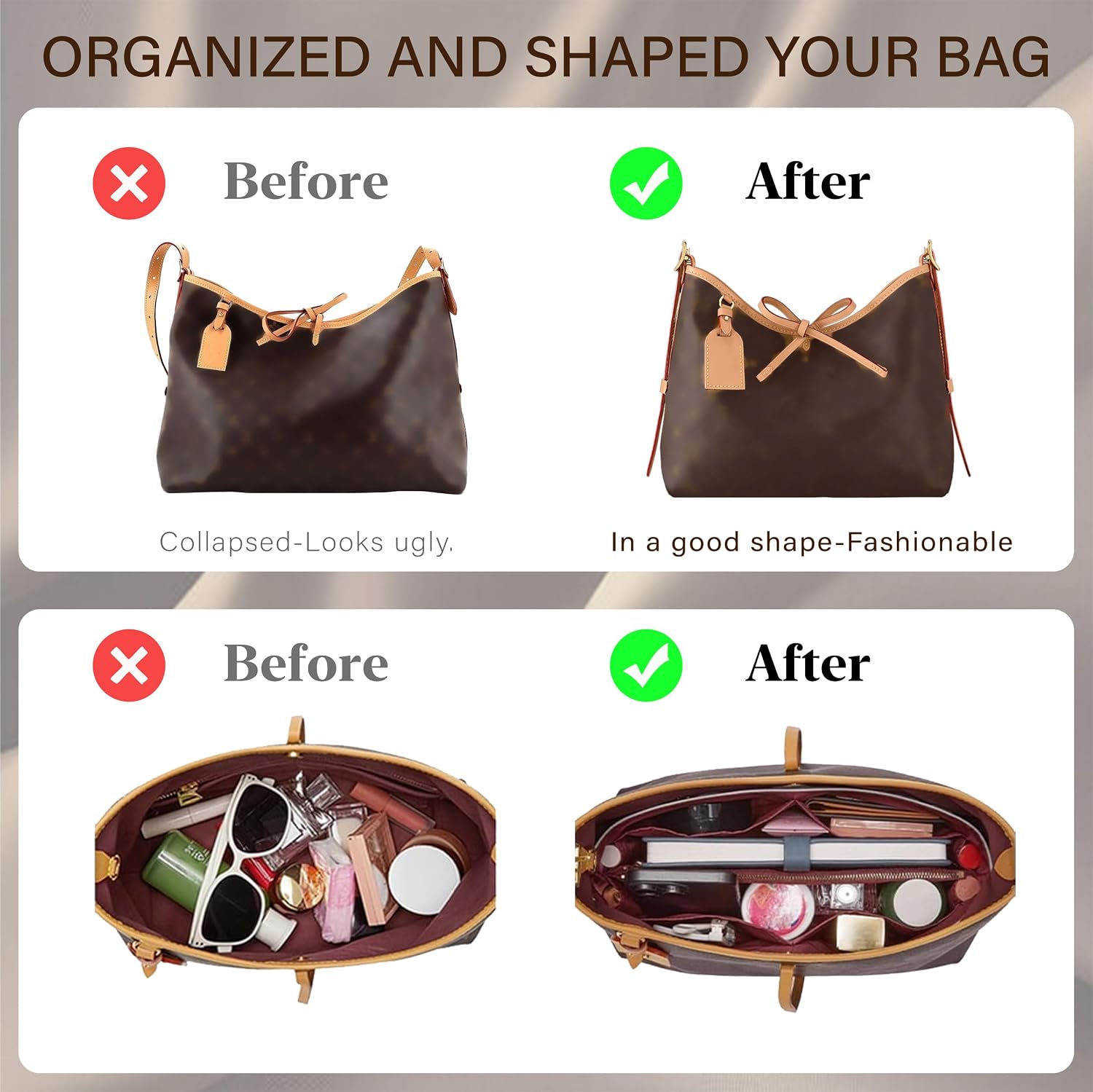 Doxo Purse Organizer Compatible with LV Carryall MM, Upgraded Lightweight Zipper Bag Insert with 8 Compartments, Custom Fit Inside Handbag Divider Shaper Accessories（White-Red,MM）