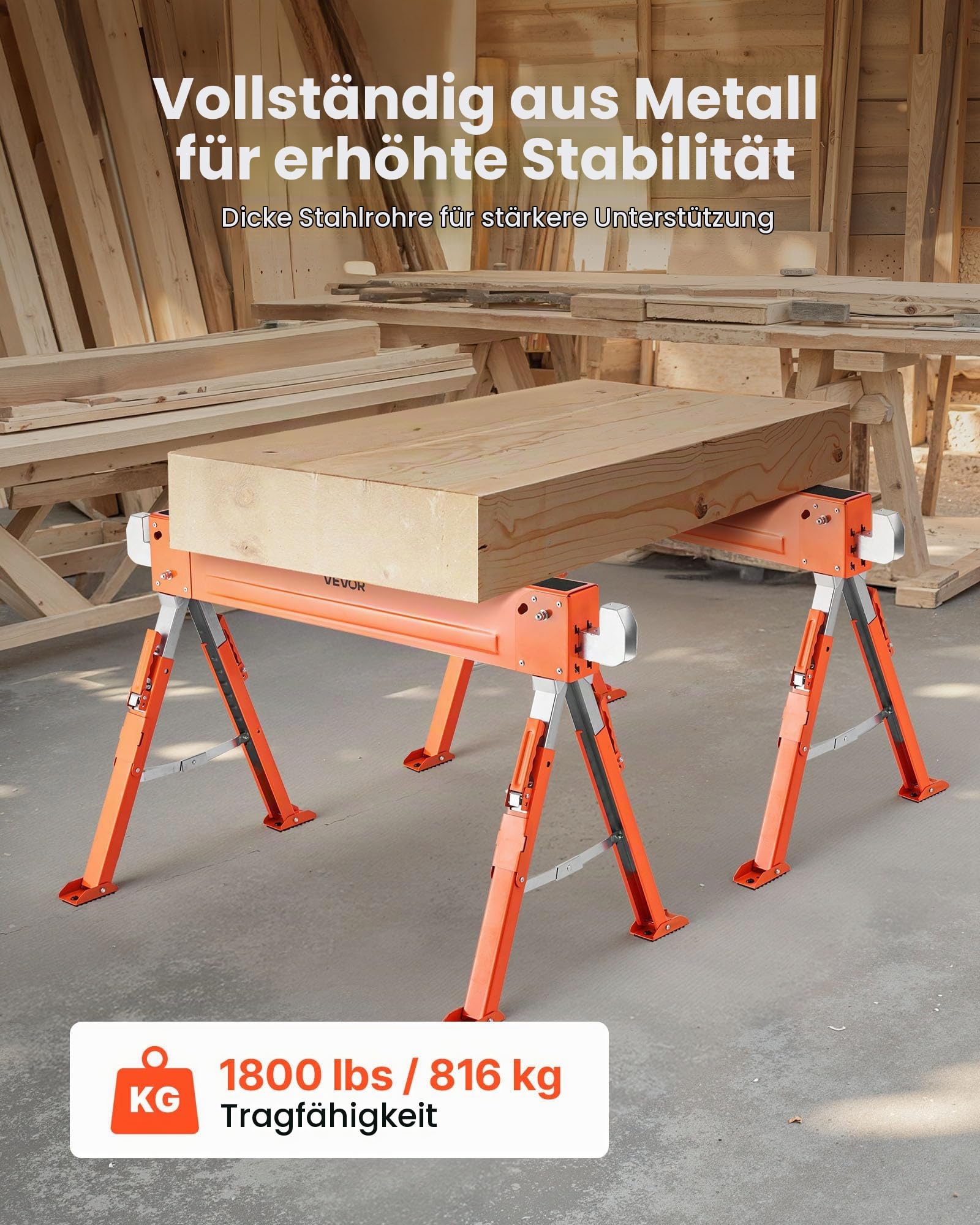 VEVOR Unterstellbock, 2er-Pack Arbeitsböcke, 816,5 kg, Klappbock mit klappbaren Beinen, höhenverstellbar, Sägebock mit rutschfesten Fußpolstern, für Holzarbeiten, Tischler & Bauunternehmer