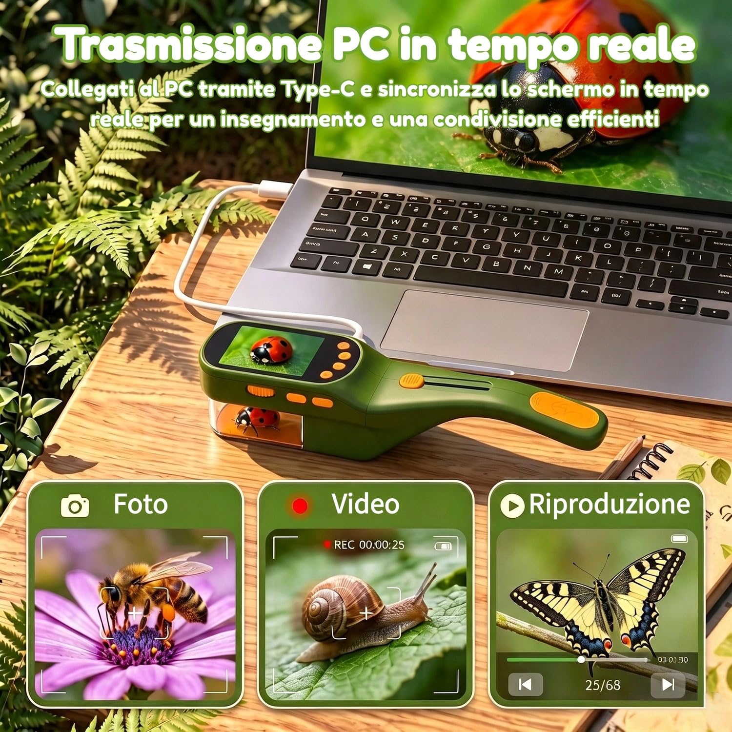 Cattura Insetti Bambini, Microscopio 500X IPS 2,4" 1080P STEM | 4 livelli di luminosità, batteria da 1000 mAh, foto e video, giocattolo di ricerca all'aperto, regalo per bambini dai 3 anni
