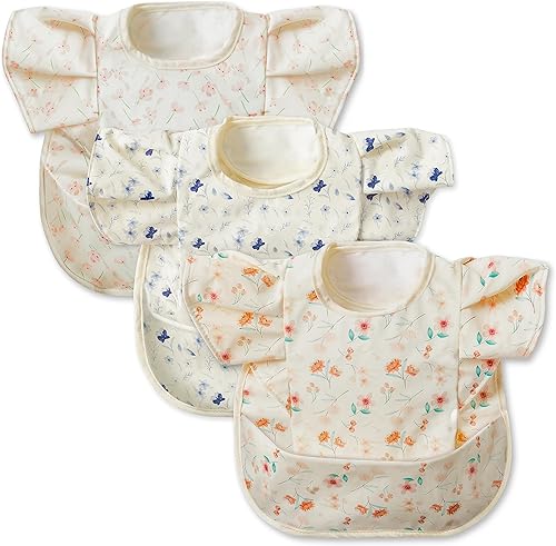 3 delantales para bebés a prueba de desorden para alimentar, baberos de comida con receptor, delantal impermeable ajustable floral, baberos a prueba