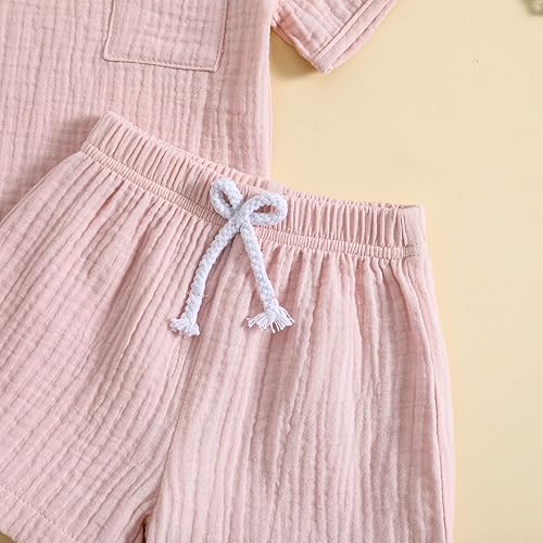 Vista 6 de Conjunto de 2 piezas de camiseta de algodón y lino de manga corta y pantalones cortos elásticos, 2 piezas, ropa casual de verano